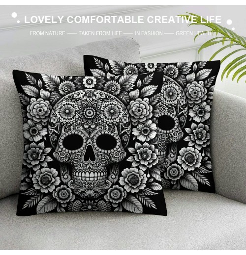  Fall Black Halloween Skull Pillow Covers Floral Ghost Decorative Throw Pillows Vintage Pillow Cases Home Outdoor Sofa Cushion Cover for Halloween