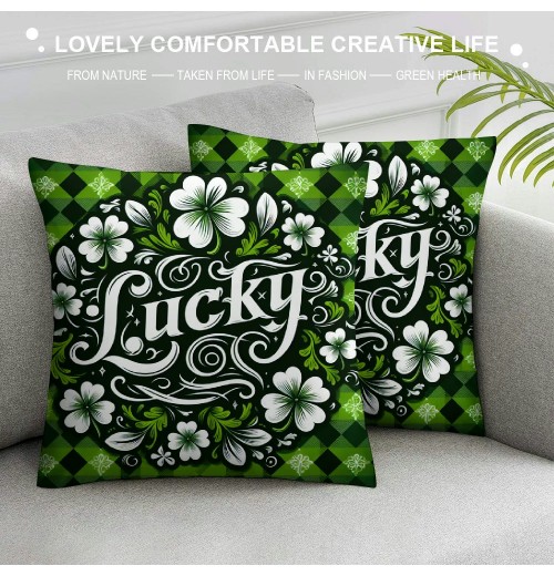  St. Patrick’s Day Throw Pillow Covers Cushion Cover White Pillow Cases Green Black Buffalo Plaid Decorative Pillowcase for Home Decor