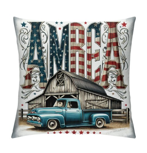 Ulloord  Pillow Covers Retro Wooden Cabin with American Flag Square Throw Waist Pillow Case Blue Car Truck Decorative Pillowcase Cushion Cover