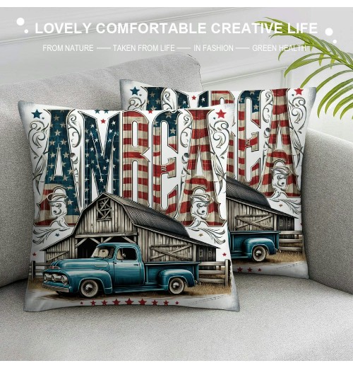 Ulloord  Pillow Covers Retro Wooden Cabin with American Flag Square Throw Waist Pillow Case Blue Car Truck Decorative Pillowcase Cushion Cover