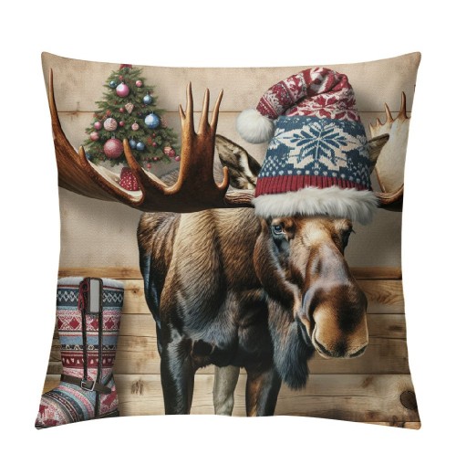 Ulloord Vintage Wood Background Wildlife Elk Moose Bear Squirrel Throw Pillow Covers Square Decorative Pillowcase Merry Christmas Animal Winter Farmhouse Home Decor