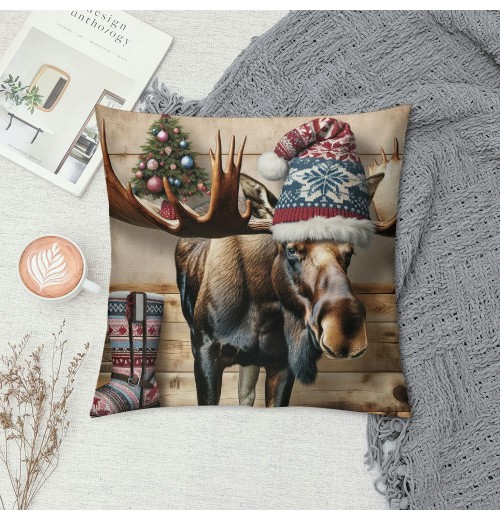 Ulloord Vintage Wood Background Wildlife Elk Moose Bear Squirrel Throw Pillow Covers Square Decorative Pillowcase Merry Christmas Animal Winter Farmhouse Home Decor