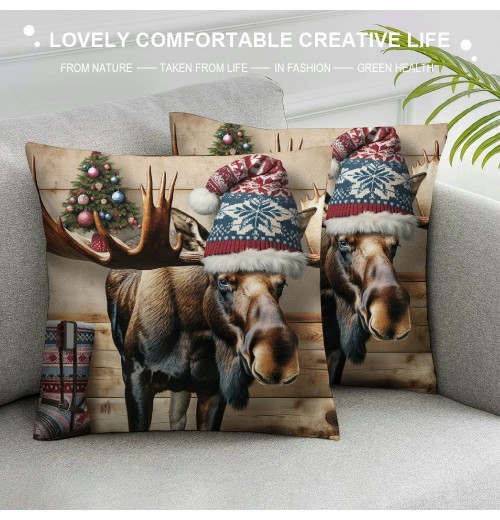 Ulloord Vintage Wood Background Wildlife Elk Moose Bear Squirrel Throw Pillow Covers Square Decorative Pillowcase Merry Christmas Animal Winter Farmhouse Home Decor