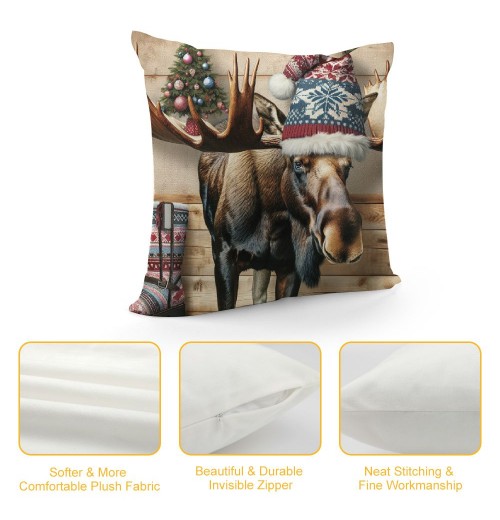 Ulloord Vintage Wood Background Wildlife Elk Moose Bear Squirrel Throw Pillow Covers Square Decorative Pillowcase Merry Christmas Animal Winter Farmhouse Home Decor