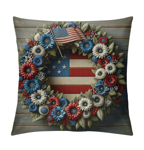 Ulloord &nbsp;Independence Day Pillow Covers&nbsp;USA American Flag with Flowers Wood Background Pillow Case&nbsp;Patriotic Square Decor Star Cushion Cover for Sofa