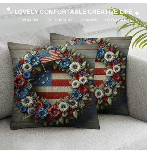 Ulloord &nbsp;Independence Day Pillow Covers&nbsp;USA American Flag with Flowers Wood Background Pillow Case&nbsp;Patriotic Square Decor Star Cushion Cover for Sofa