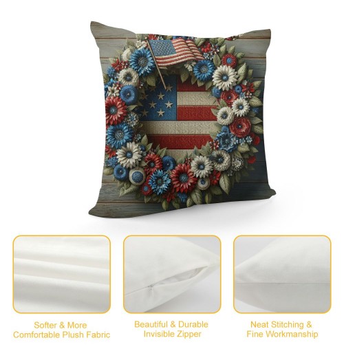 Ulloord &nbsp;Independence Day Pillow Covers&nbsp;USA American Flag with Flowers Wood Background Pillow Case&nbsp;Patriotic Square Decor Star Cushion Cover for Sofa