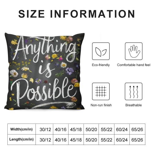 Ulloord Throw Pillow Covers Flowers&nbsp;Garland Decorative Pillow Case Anything is Possible Pillow Cover Cotton Linen Vintage Gray and Black Spring Floral Farmhouse Cushion Cover (Black)