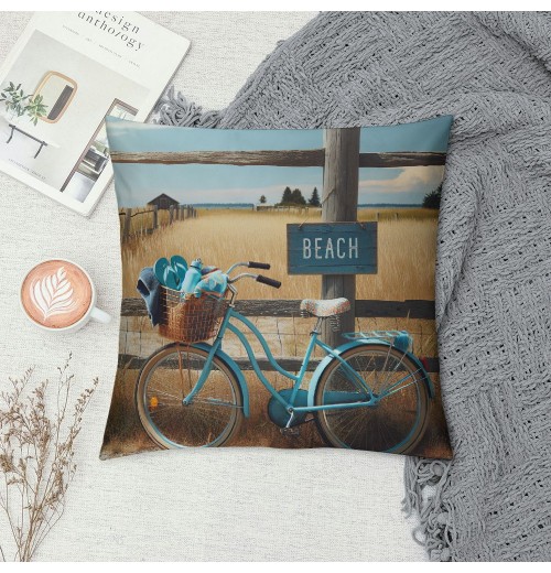Ulloord Beach Blue Bike Throw Pillow Covers Summer Coastal Bicycle Decorative Vintage Outdoor Pillow Covers Cushion Cover&nbsp;Slippers Print Decor Sofa Couch