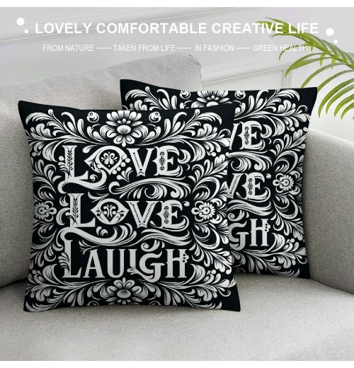 Ulloord  Pillow Covers Love Laugh Quote Pillowcase&nbsp;Flower Vine with&nbsp;Black Background Cushion Covers Square for Home Sofa Mother's Day