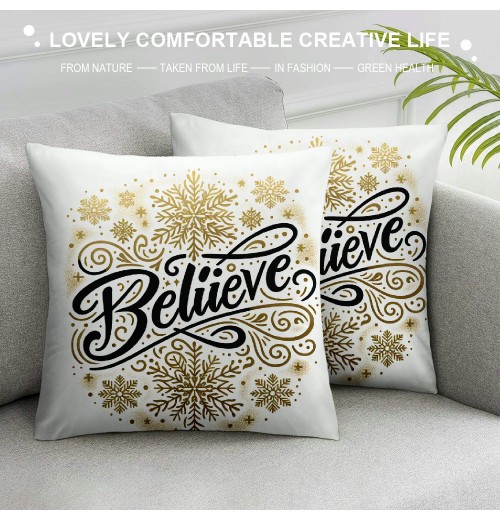 Ulloord  Merry Christmas Xmas Pillow Cover Decorative Believe Quote Pillow Cases White Snowflake Background Cushion Cover Super Soft Decorative Couch Sofa Pillowcase