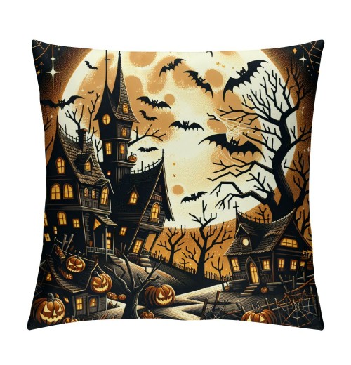 Ulloord  Throw Pillow Covers Vintage Halloween Bat Ghost Decorative Pillow Cover Halloween Night Decorative Home Sofa Cushion Cases Pillowcase