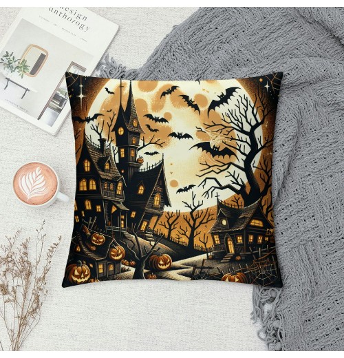 Ulloord  Throw Pillow Covers Vintage Halloween Bat Ghost Decorative Pillow Cover Halloween Night Decorative Home Sofa Cushion Cases Pillowcase