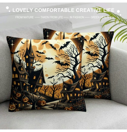 Ulloord  Throw Pillow Covers Vintage Halloween Bat Ghost Decorative Pillow Cover Halloween Night Decorative Home Sofa Cushion Cases Pillowcase