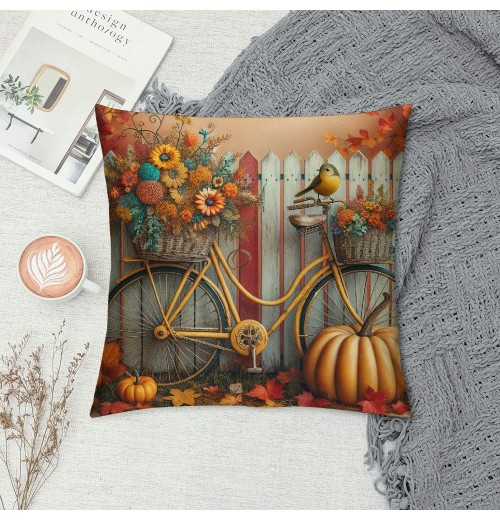 Ulloord Rustic&nbsp;Bicycle Pumpkin Sunflowers Bird Farmhouse Pillow Covers Fall Autumn Flowers Outdoor Pillow Case Home Decor Sofa Pillowcase (Bike Bird)