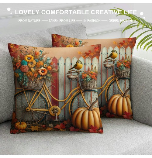 Ulloord Rustic&nbsp;Bicycle Pumpkin Sunflowers Bird Farmhouse Pillow Covers Fall Autumn Flowers Outdoor Pillow Case Home Decor Sofa Pillowcase (Bike Bird)