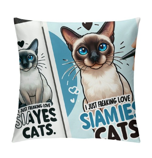 Ulloord Siamese Cat Themed Pillowcase Decorations for Home, Funny Quote I Just Freaking Love Siamese Cats Okay Throw Pillow Cover, Siamese Cat Lover Gifts