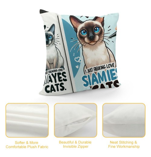 Ulloord Siamese Cat Themed Pillowcase Decorations for Home, Funny Quote I Just Freaking Love Siamese Cats Okay Throw Pillow Cover, Siamese Cat Lover Gifts