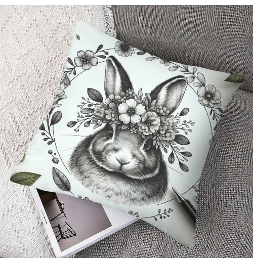 Vintage Rabbit Throw Pillow Covers Flowers Wreath Farmhouse Rustic Animal Print Case Floral Cushion Cover Sofa