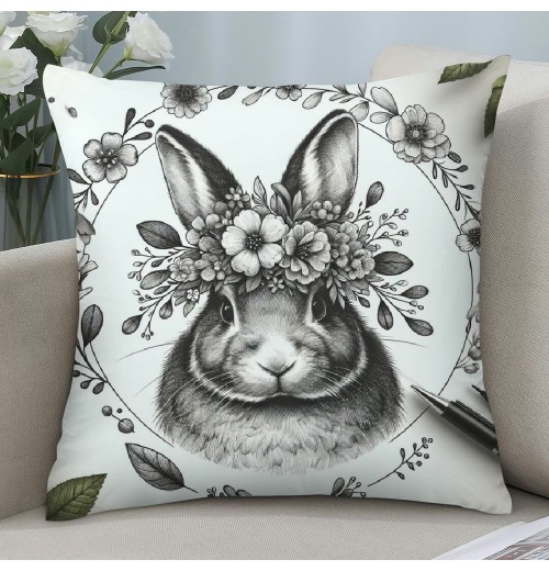 Vintage Rabbit Throw Pillow Covers Flowers Wreath Farmhouse Rustic Animal Print Case Floral Cushion Cover Sofa