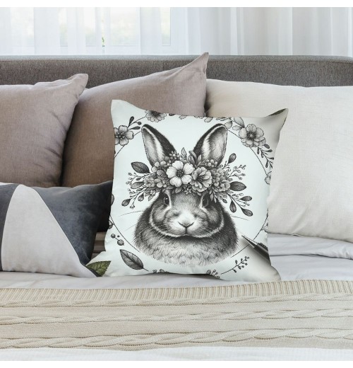 Vintage Rabbit Throw Pillow Covers Flowers Wreath Farmhouse Rustic Animal Print Case Floral Cushion Cover Sofa