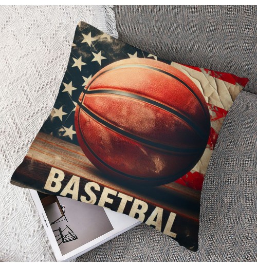 Ulloord Vintage Rustic American Flag with Basketball Throw Pillow Cover for Independence Day Decorative Pillow Covers Throw Pillow Case Patriotic Cushion Cover