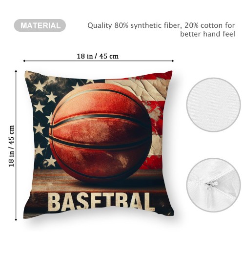 Ulloord Vintage Rustic American Flag with Basketball Throw Pillow Cover for Independence Day Decorative Pillow Covers Throw Pillow Case Patriotic Cushion Cover