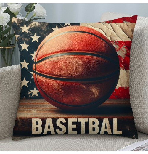 Ulloord Vintage Rustic American Flag with Basketball Throw Pillow Cover for Independence Day Decorative Pillow Covers Throw Pillow Case Patriotic Cushion Cover