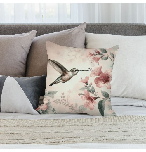 Ulloord Spring Bird Pillow Covers Hummingbird Flowers Blooming Vintage Rustic Farmhouse Throw Pillow Case Home Decorative Cushion Cover for Sofa Couch Bed