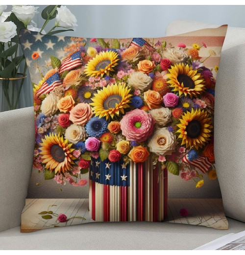 Ulloord Red Bird Home Farmhouse Pillow Covers Vintage American Flag with Sunflower Flower Farm Pillow Cases Wood&nbsp; Theme Pillows Cushion Cover for Sofa(USA Flag)