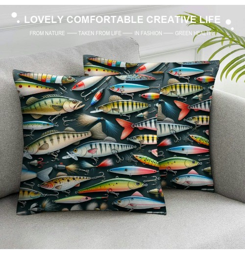 PHYHOO Short Plush Pillow Covers,Bait for Fishing Double-Sided Print Square Cushion Cases for Sofa Bedroom Car Decorative