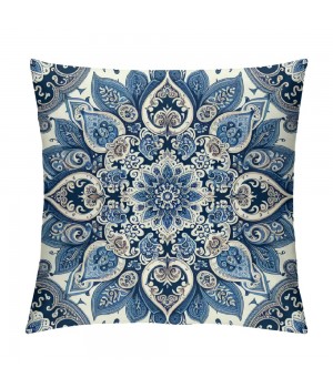 PHYHOO Navy Blue Ethnicl Floral Decorative Throw Pillow Cover, Square Pillowcase Blended Double-Sided No Inserts for Bedroom Living Room