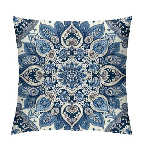 PHYHOO Navy Blue Ethnicl Floral Decorative Throw Pillow Cover, Square Pillowcase Blended Double-Sided No Inserts for Bedroom Living Room