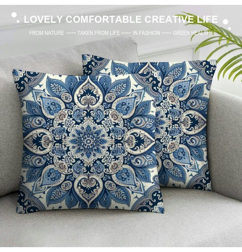 PHYHOO Navy Blue Ethnicl Floral Decorative Throw Pillow Cover, Square Pillowcase Blended Double-Sided No Inserts for Bedroom Living Room