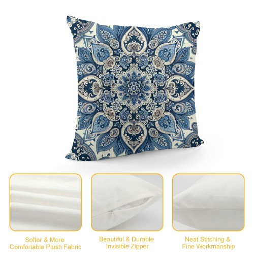 PHYHOO Navy Blue Ethnicl Floral Decorative Throw Pillow Cover, Square Pillowcase Blended Double-Sided No Inserts for Bedroom Living Room