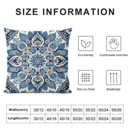 PHYHOO Navy Blue Ethnicl Floral Decorative Throw Pillow Cover, Square Pillowcase Blended Double-Sided No Inserts for Bedroom Living Room