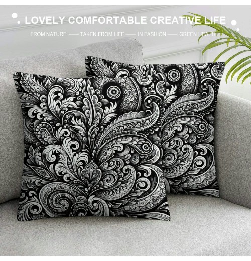 PHYHOO Ethnic Decorative Pillow Covers, Black and White Paisley Pattern Cushion Case for Sofa Bedroom Car Throw Pillow Covers Cushion Cover Square