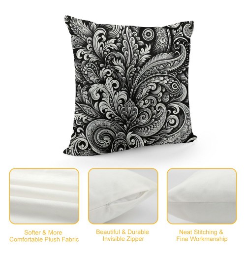 PHYHOO Ethnic Decorative Pillow Covers, Black and White Paisley Pattern Cushion Case for Sofa Bedroom Car Throw Pillow Covers Cushion Cover Square