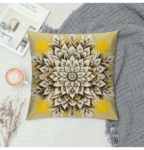 PHYHOO Short Plush Pillow Covers Yellow and White Mandala Square Pillow Case for Bedroom, Sofa, Car Decoration Both Sides