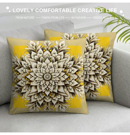 PHYHOO Short Plush Pillow Covers Yellow and White Mandala Square Pillow Case for Bedroom, Sofa, Car Decoration Both Sides