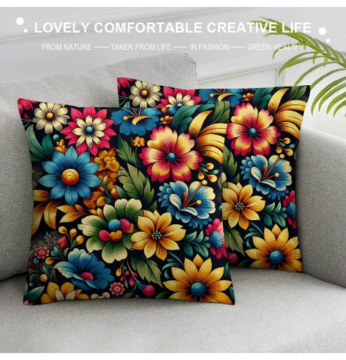 PHYHOO Short Plush Pillow Covers Colorful Floral Square Pillow Case for Bedroom, Sofa, Car Decoration Both Sides